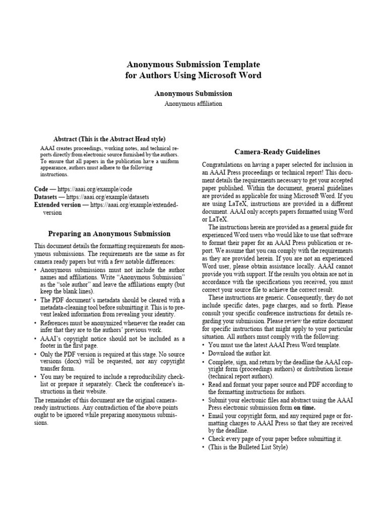 Anonymous Submission Guidelines for AAAI | PDF | Publishing | Typography
