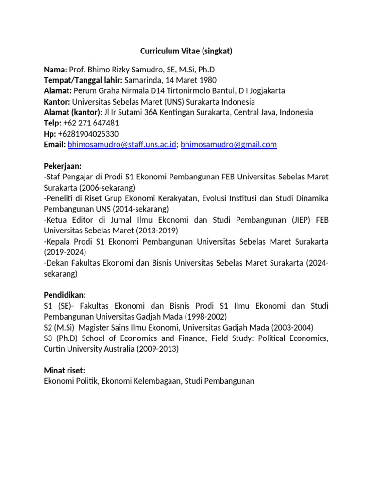 Prof. Bhimo Rizky Samudro CV | PDF | Economies | Economics