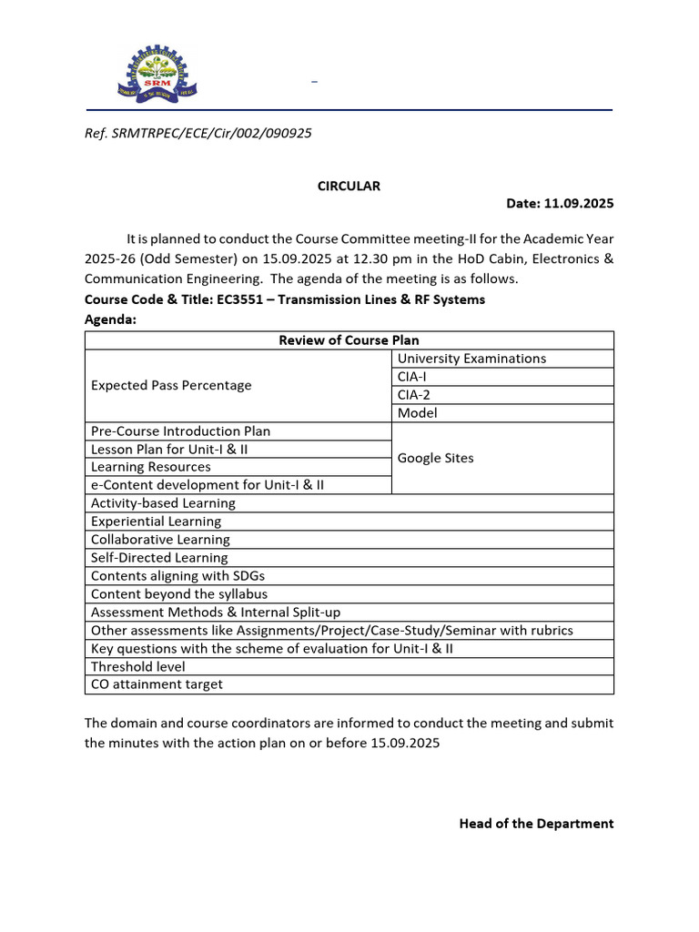 Course Committee Meeting - HoD Circular Template | PDF