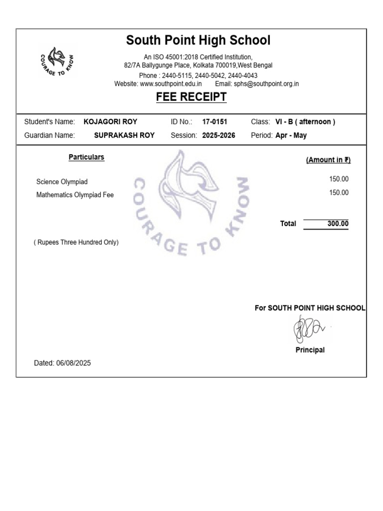 South Point High School Fee Receipt | PDF