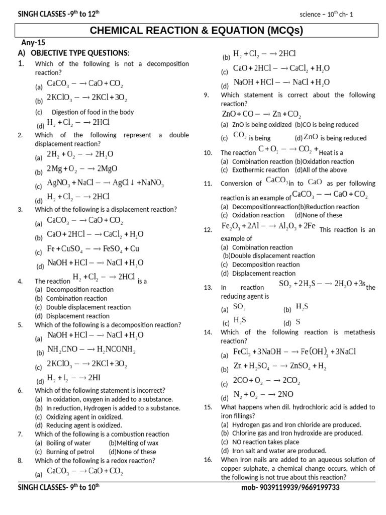 10th Grade Chemistry MCQs on Reactions | PDF | Chemical Reactions | Redox