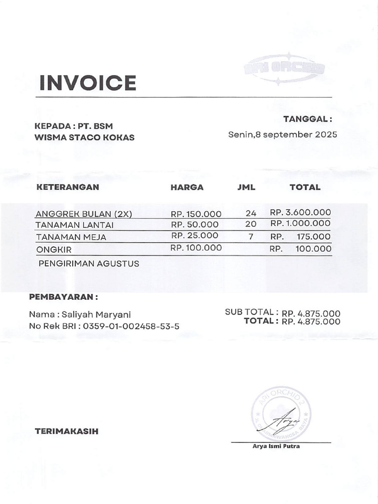 Invoice Pembelian Tanaman PT. BSM | PDF