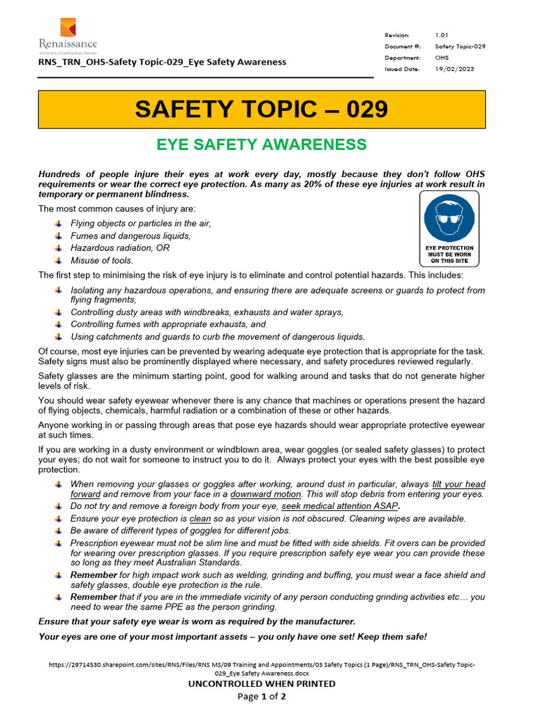 RNS TRN OHS-Safety Topic-029 Eye Safety Awareness | PDF | Working ...