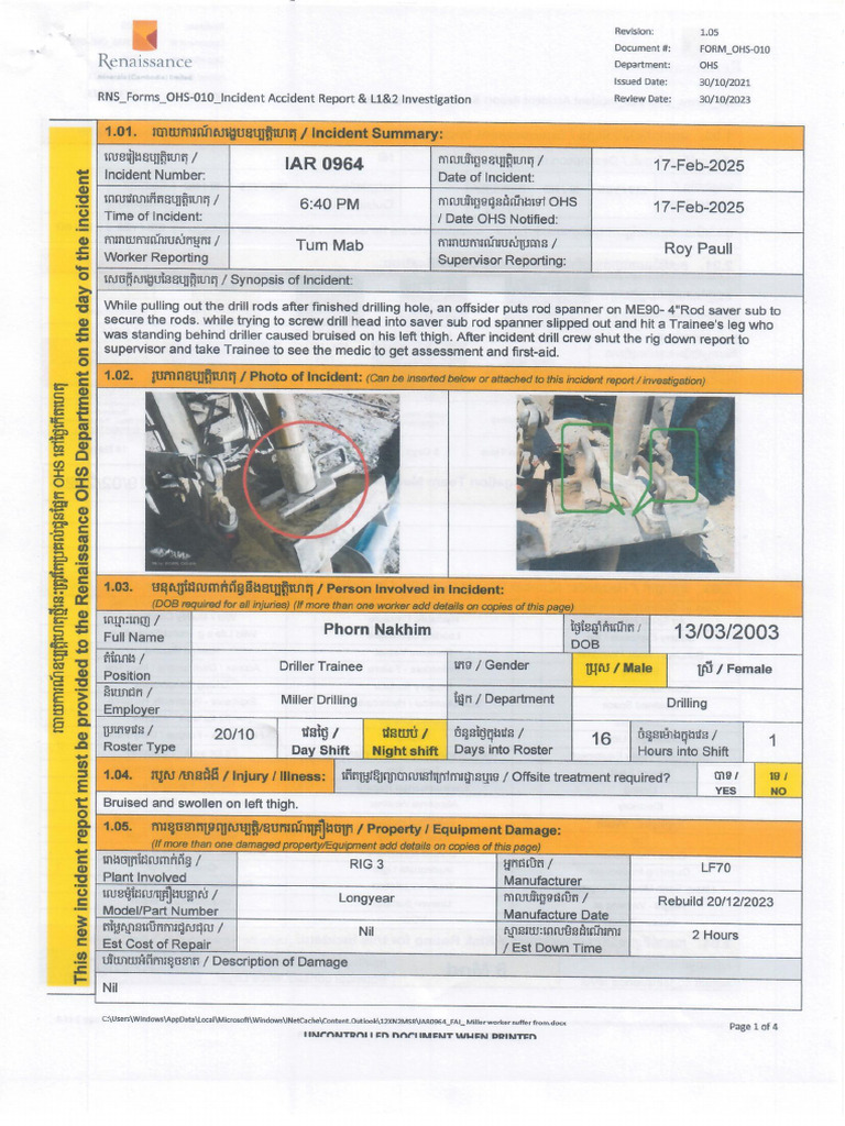 Feb17, 2025 RNS - FORM - OHS-010 - Incident Accident Report & L1&2 ...