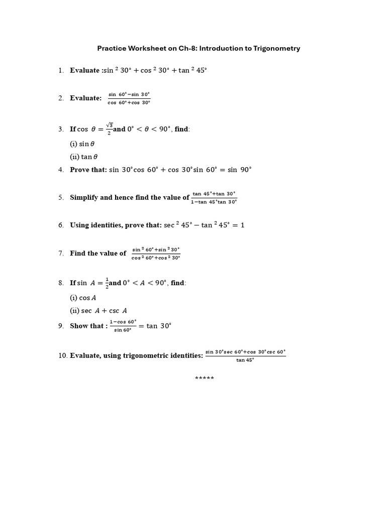 Trigonometry Practice Worksheet | PDF