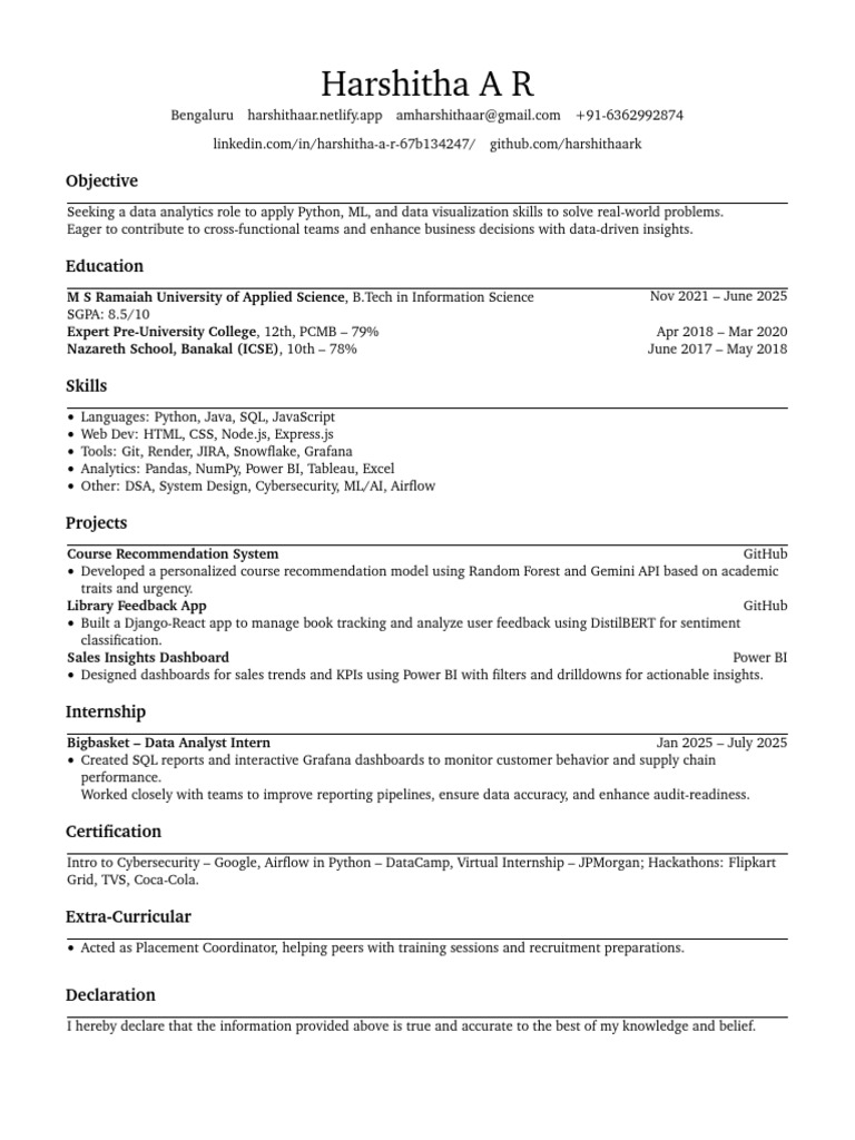 Data Analyst Resume of Harshitha A R | PDF