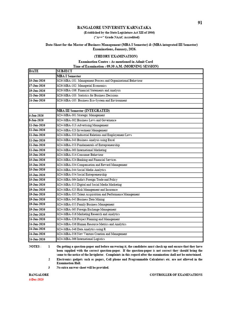 MBA Exam Schedule and Guidelines 2026 | PDF | Analytics | Master Of ...