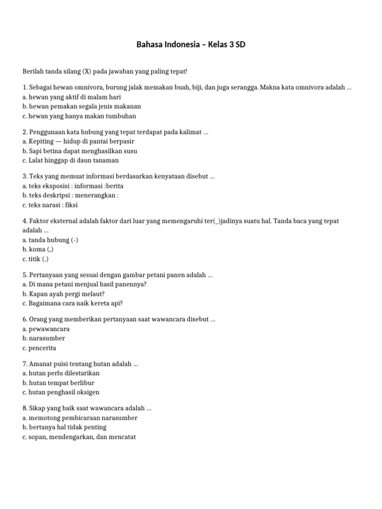 Soal Bahasa Indonesia Kelas 3 SD | PDF