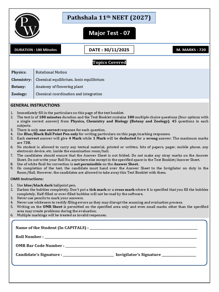 692d2cec2060824c14ea00a9 - ## - Major Test - 07 Test Paper | PDF ...