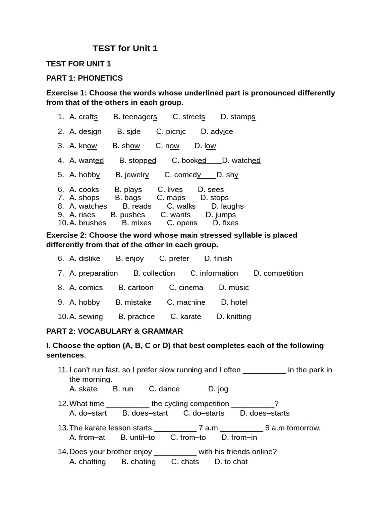 Unit 1 Test: Phonetics, Vocabulary, Grammar | PDF | Flood | Tropical ...