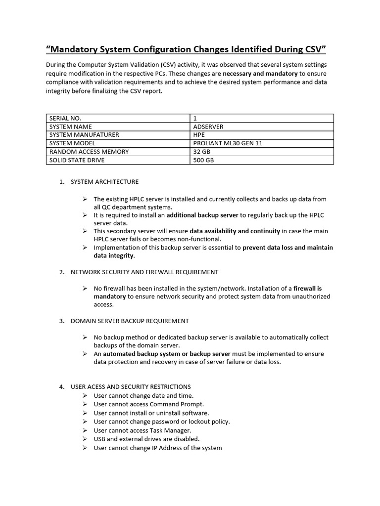Mandatory System Configurations for CSV | PDF | Backup | Solid State Drive