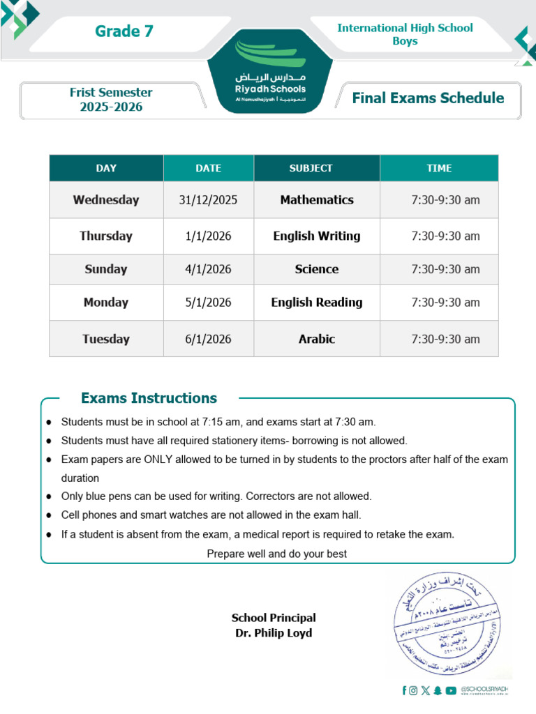 2025-2026 Grade 7 Exam Schedule | PDF
