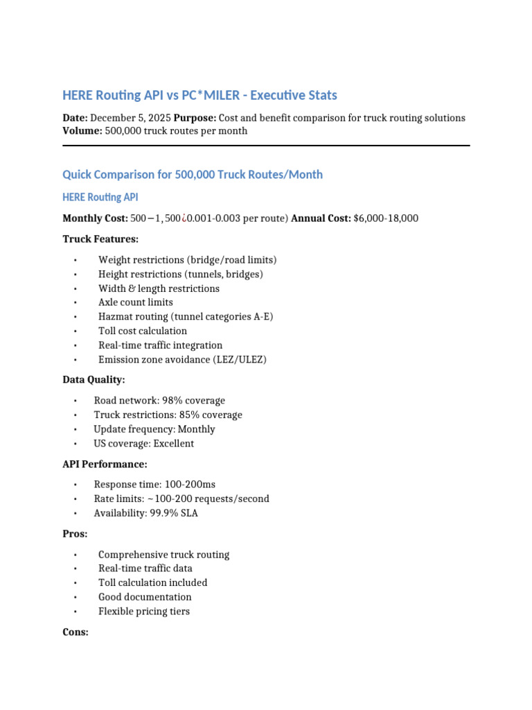 HERE Routing API vs PC*MILER Cost Analysis | PDF | Truck | Transport