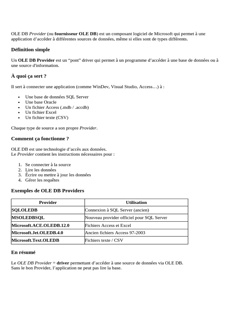 Comprendre OLE DB Provider et ses usages | PDF