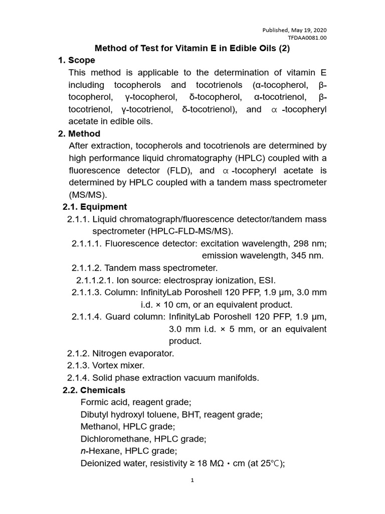 Vitamin E Testing Method for Oils | PDF | High Performance Liquid ...