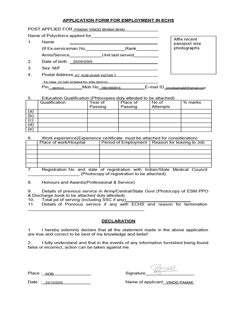 ECHS Employment Application Form | PDF | Pharmacy | Pharmacist
