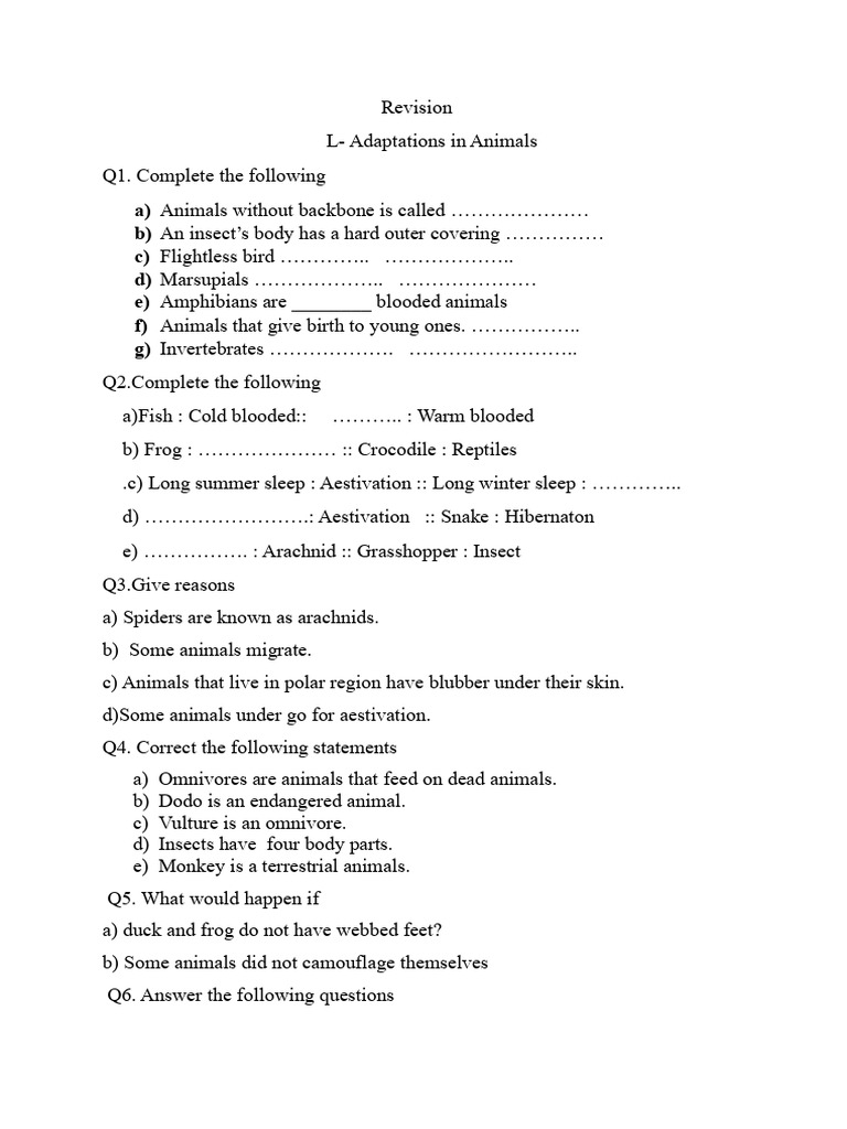 Revision Adaptations in Animals | PDF