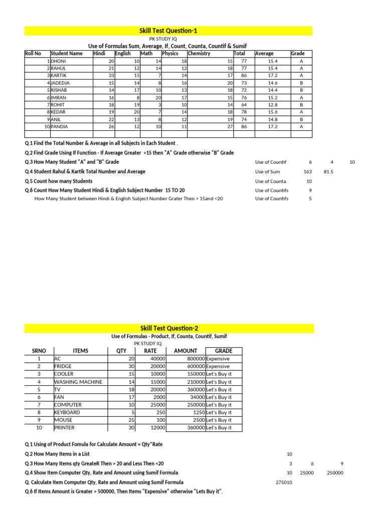 Excel Formulas Skill Test Questions | PDF