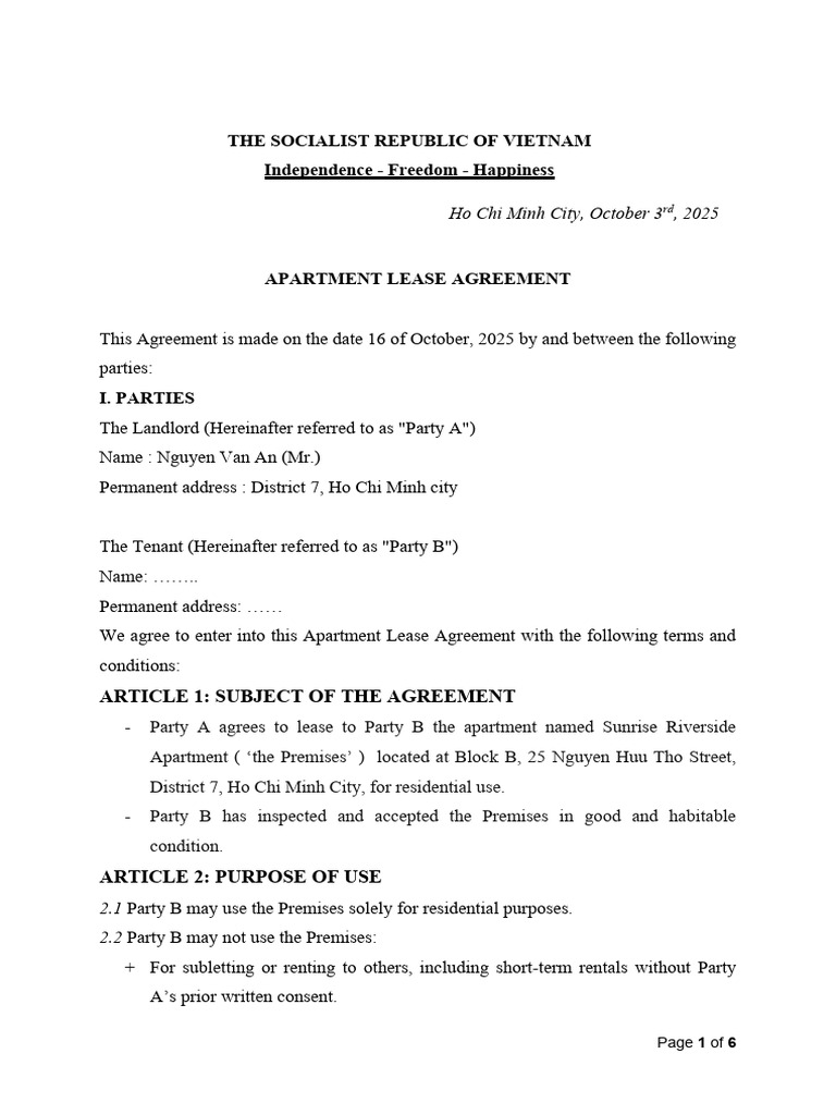 Apartment Lease Agreement in Ho Chi Minh | PDF | Lease | Private Law
