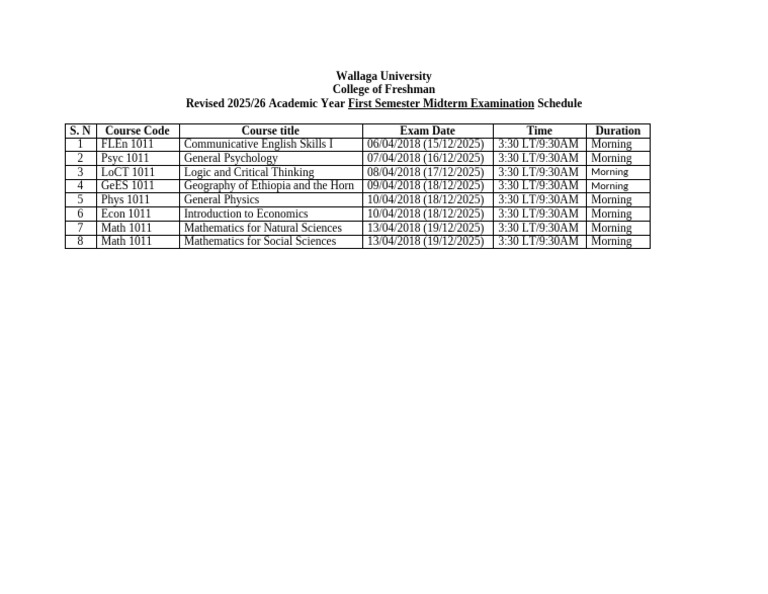 Wallaga University 2025 Midterm Exam Schedule | PDF