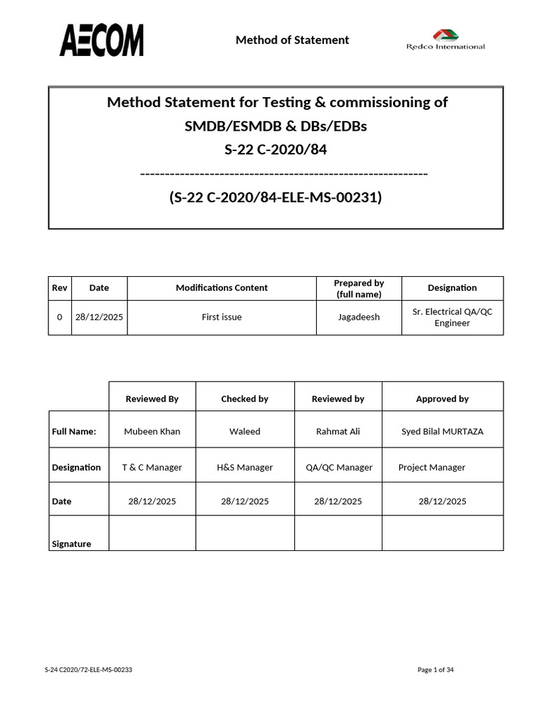 Method Statement For Testing & Commissioning of Smdb/Esmdb & Dbs/Edbs S ...