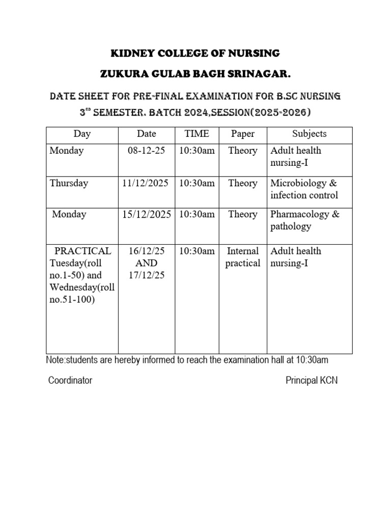 Date Sheet 3rd Sem Prefinal | PDF