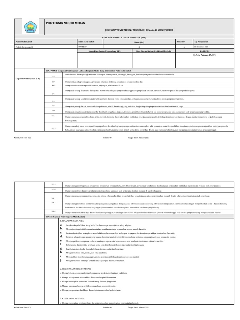 RPS Praktik Pengelasan II Polmed | PDF