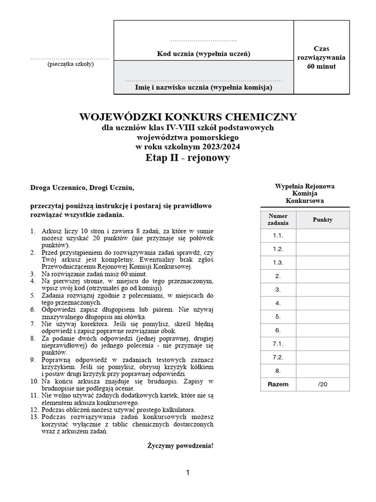 Arkusz Zadan Z Chemii Stopien II Rejonowy 2023 2024 | PDF