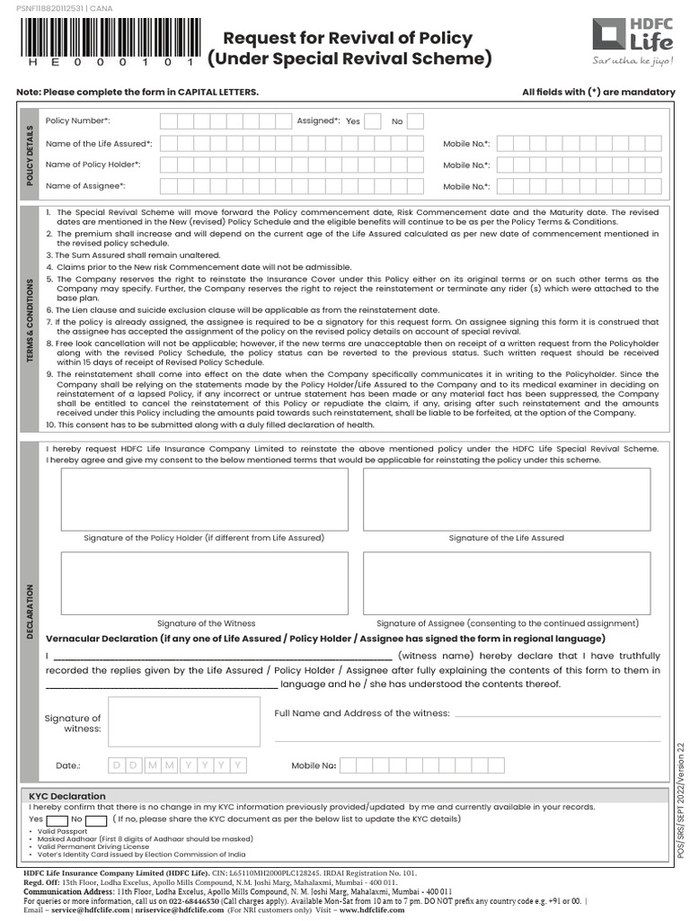 HDFC Life Policy Revival Request Form | PDF | Insurance | Assignment (Law)