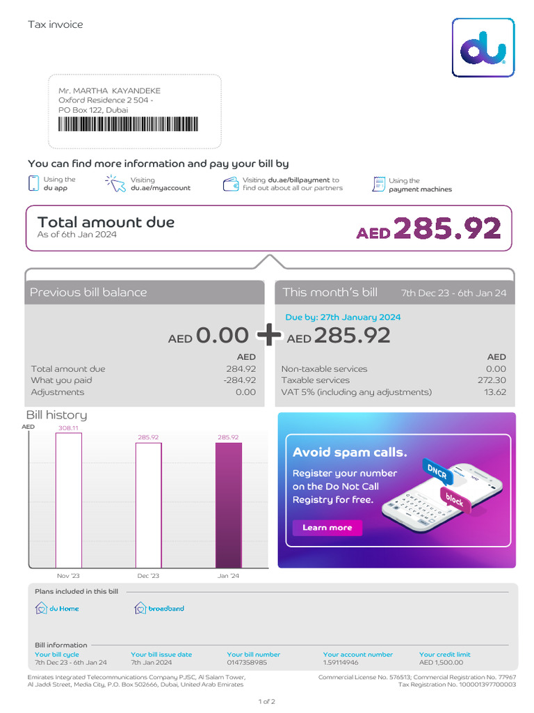du Home Broadband Bill Summary | PDF | Fee | Value Added Tax