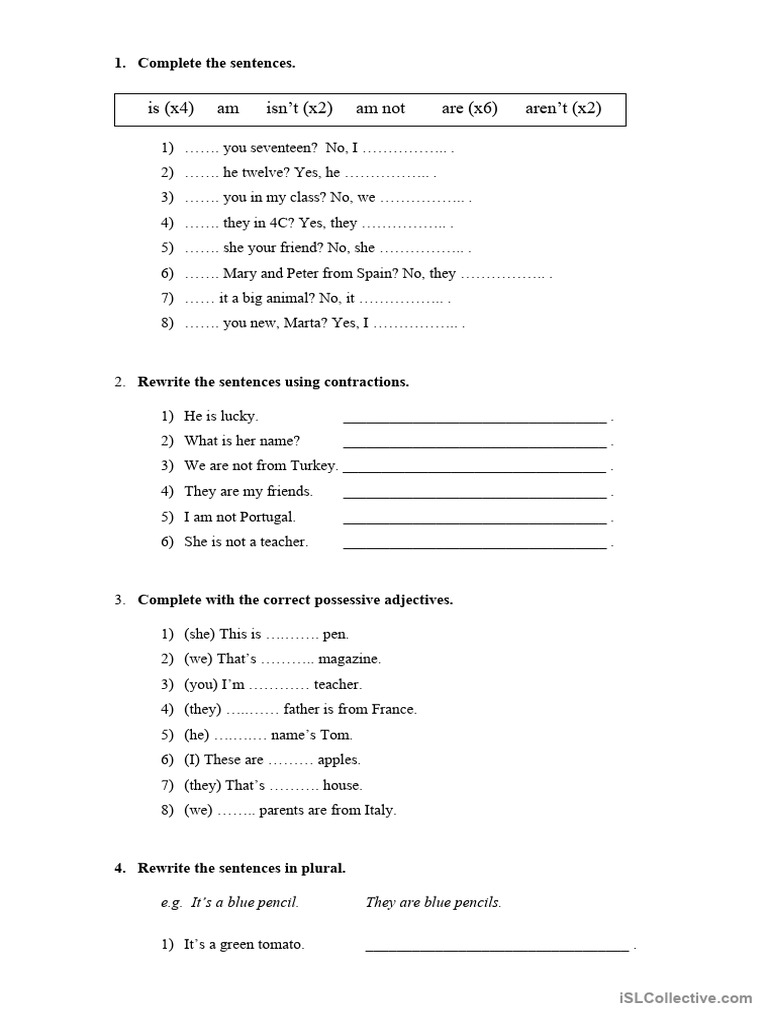 Verb To Be, Possessive Adjectives and Plural | PDF | Language Families ...