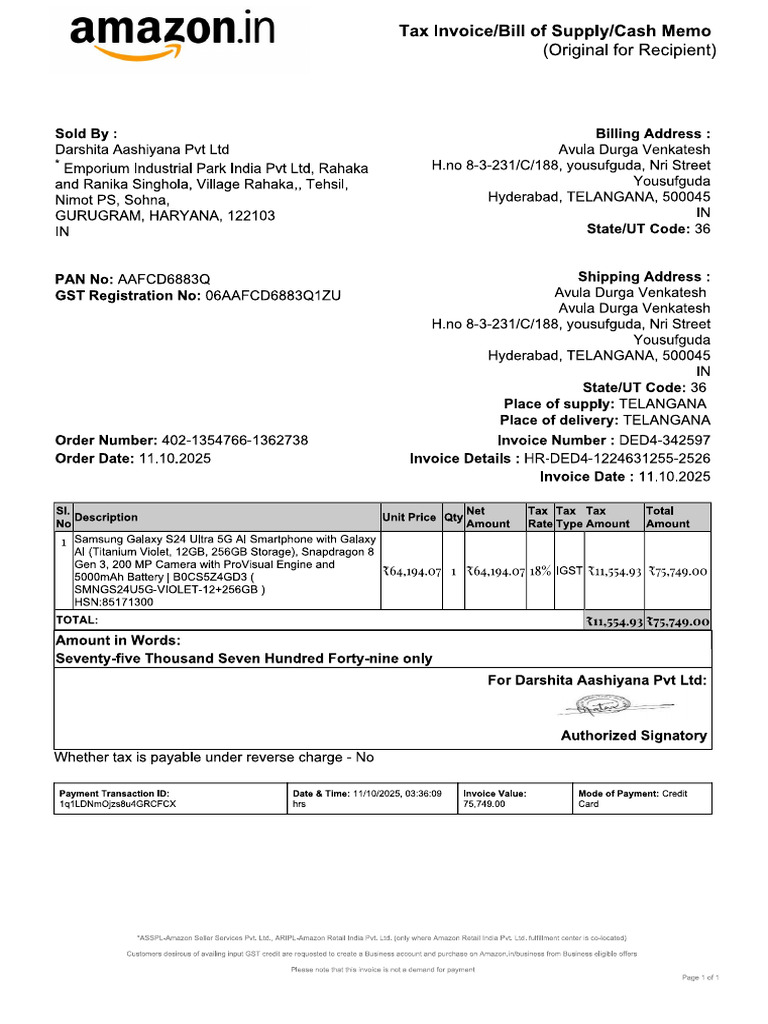 Amazon Invoice - Mobile | PDF