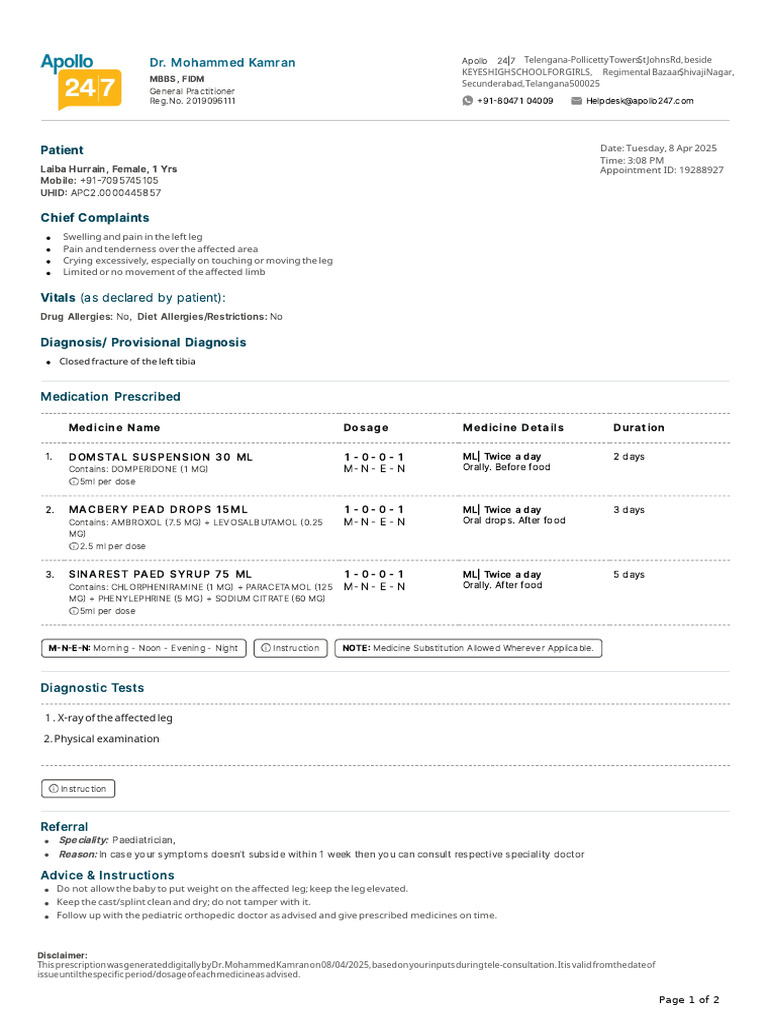 Pediatric Prescription for Leg Fracture | PDF | Dose (Biochemistry ...