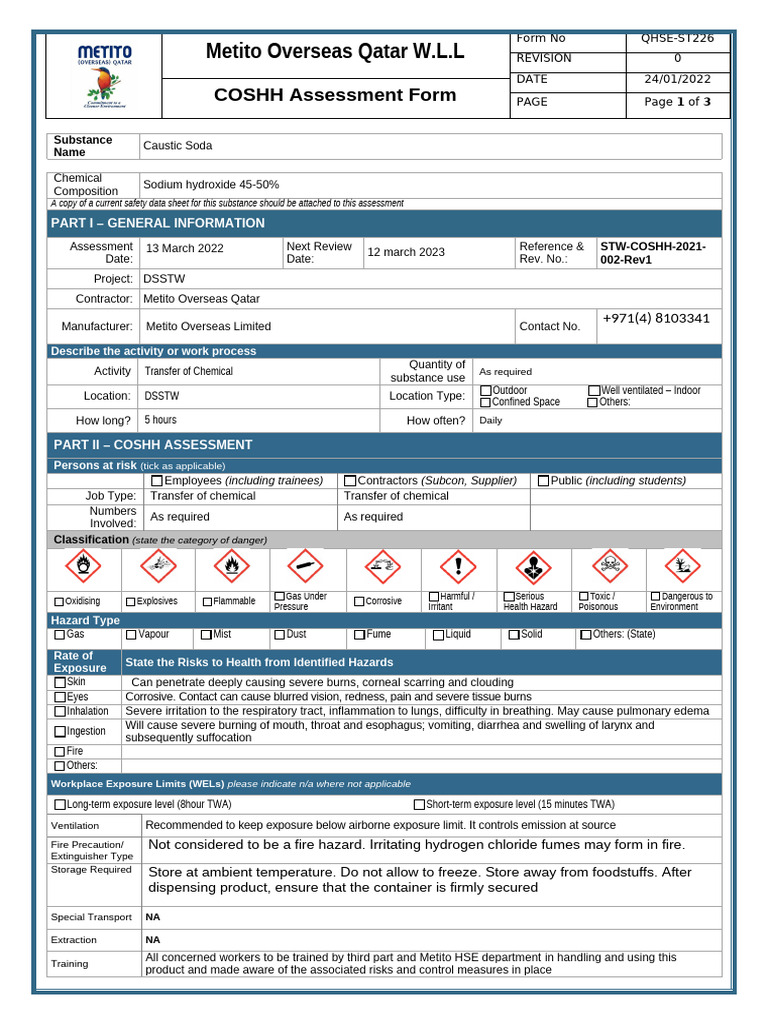 COSHH Assessment for Caustic Soda | PDF | Sodium Hydroxide | Toxicity