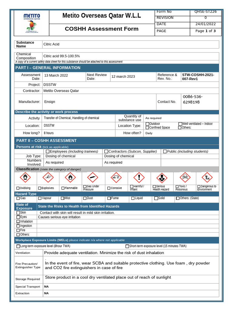 COSHH Assessment for Citric Acid | PDF | Working Conditions ...