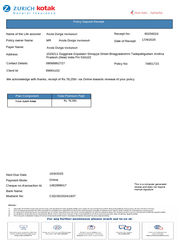 Life Insurance Policy Deposit Receipt | PDF
