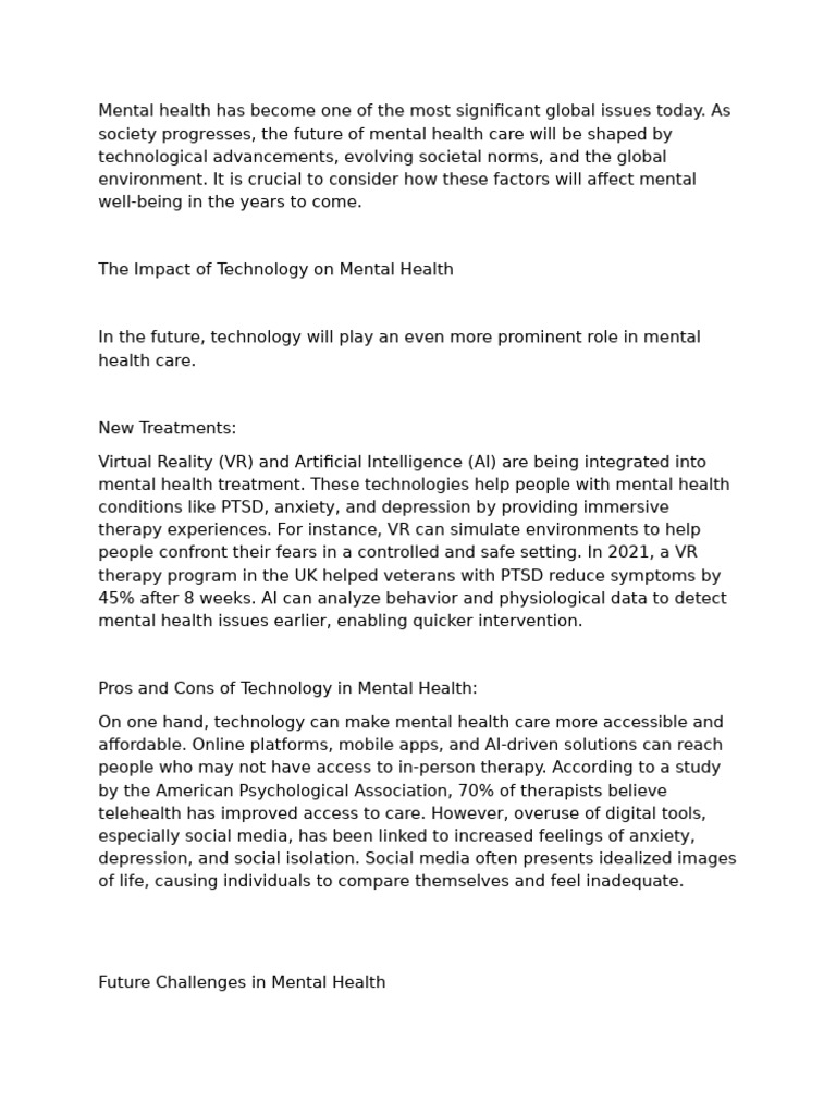 Mental Health in the Future 2 | PDF | Mental Health | Virtual Reality