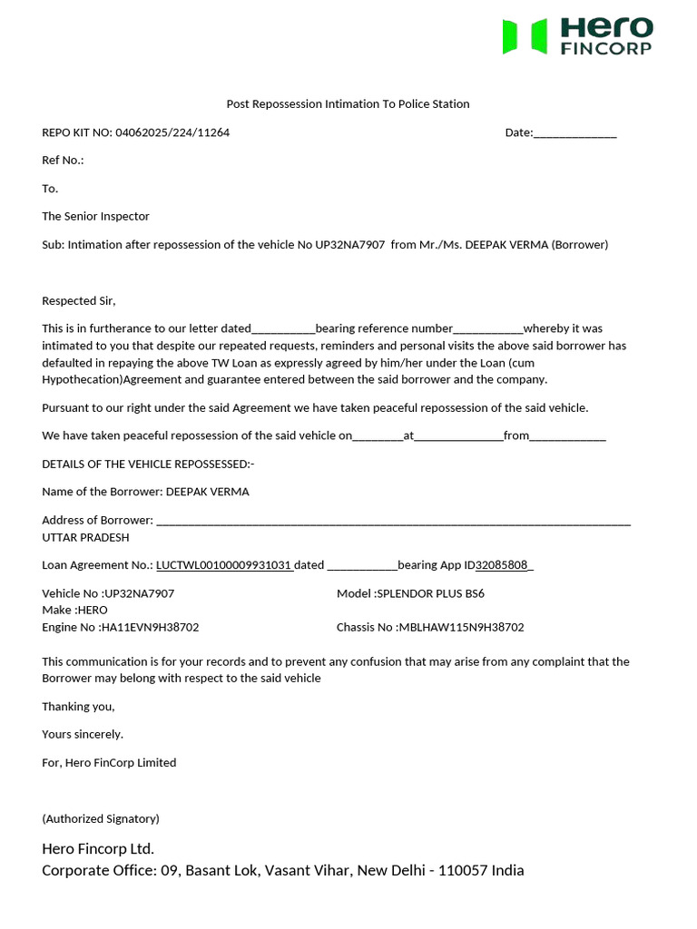 Post Repossession Intimation to Police Station NA7907 | PDF