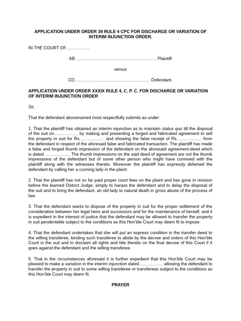 Application to Discharge Interim Injunction | PDF | Affidavit | Lawsuit