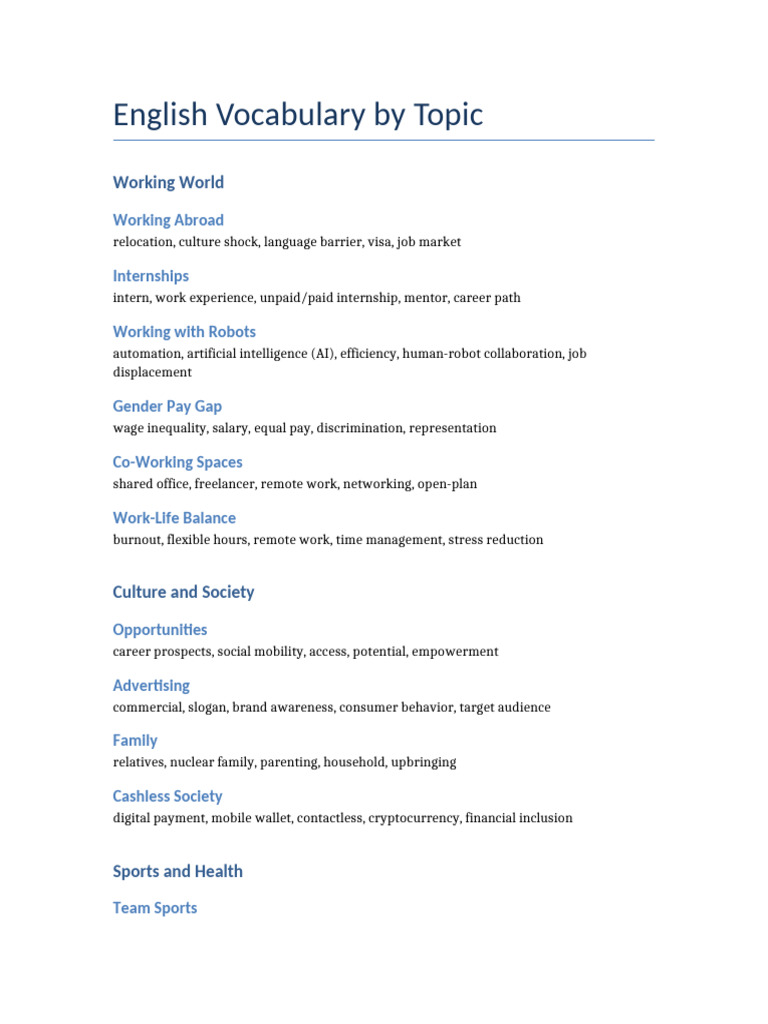 Vocabulary Topics for Work and Life | PDF