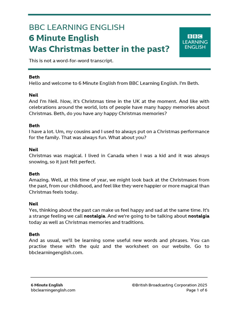 6 Minute English Was Christmas Better in The Past Transcript | PDF | Memory