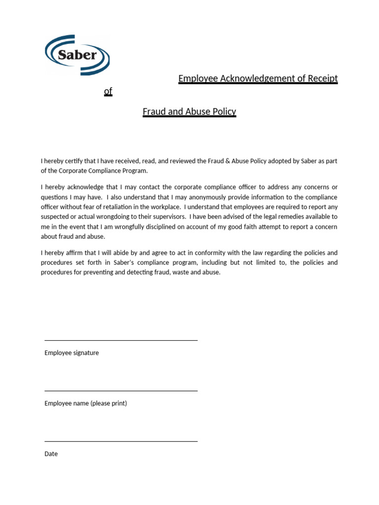 Employee Acknowledgment of Fraud Policy | PDF