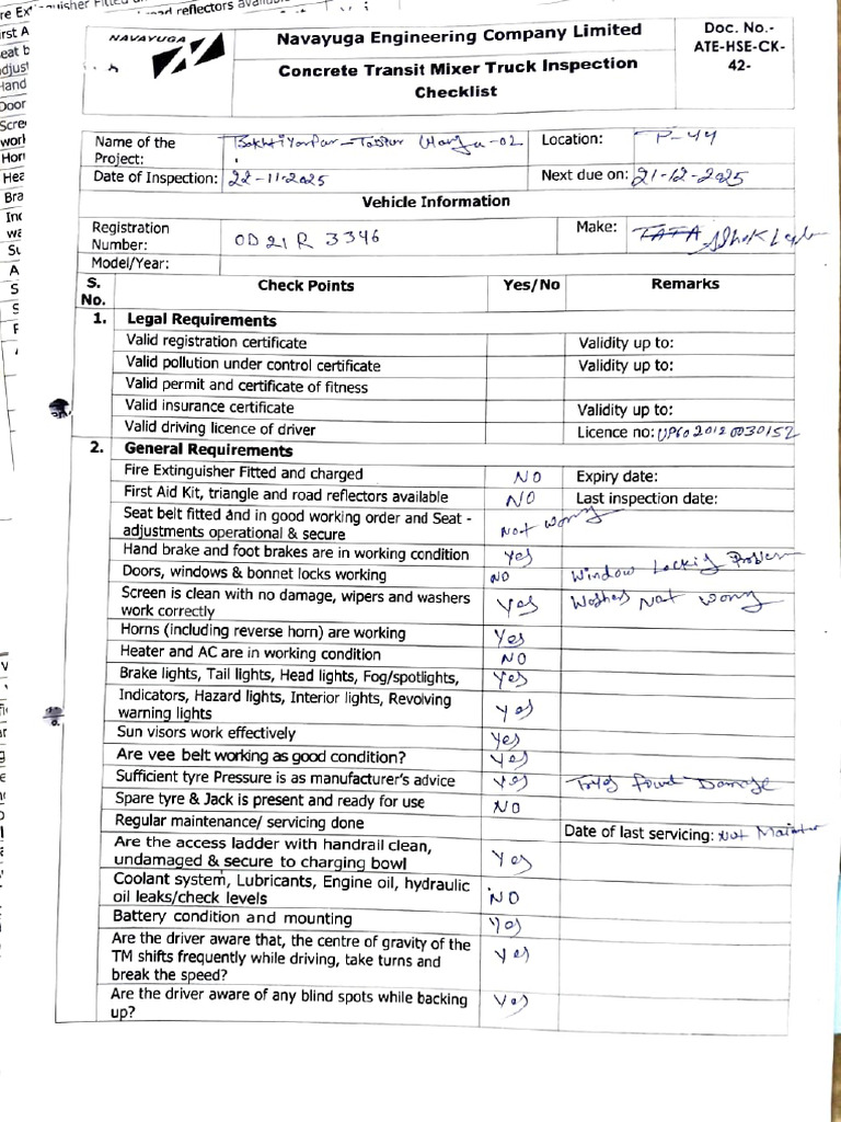 Concrete Mixer Truck Inspection Checklist | PDF | Truck | Motor Vehicle