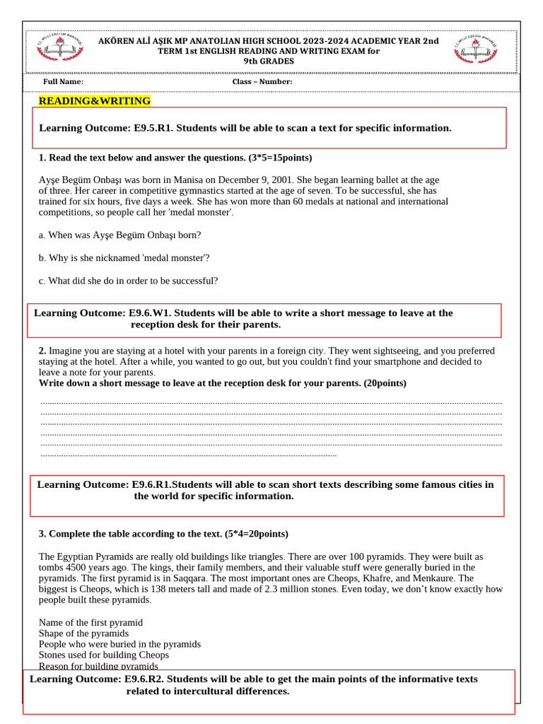 9th Grade English Exam: Reading & Writing | PDF