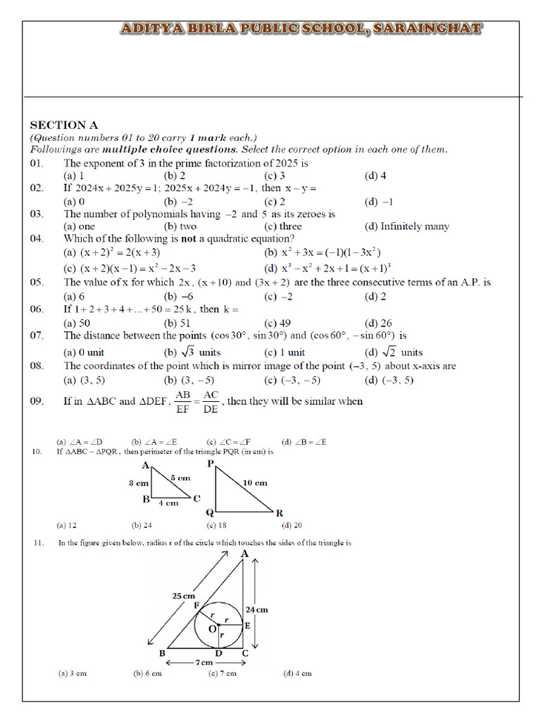 2025-26 Class XB Mathematics Sample Paper | PDF
