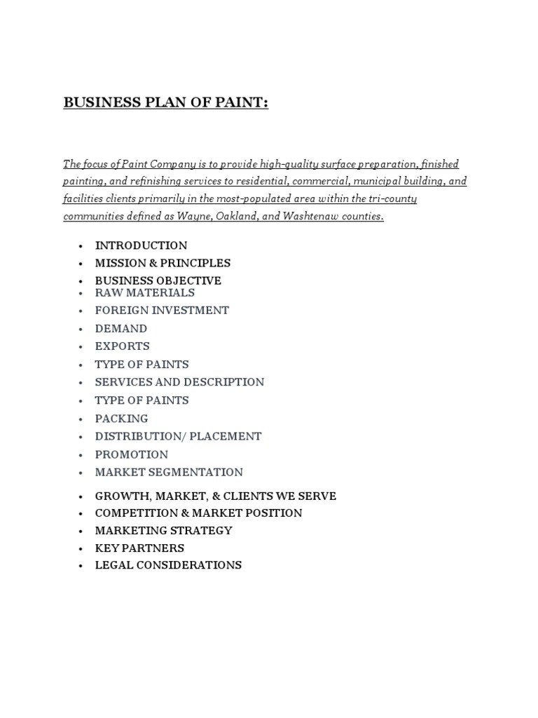 business plan for paint manufacturing company pdf