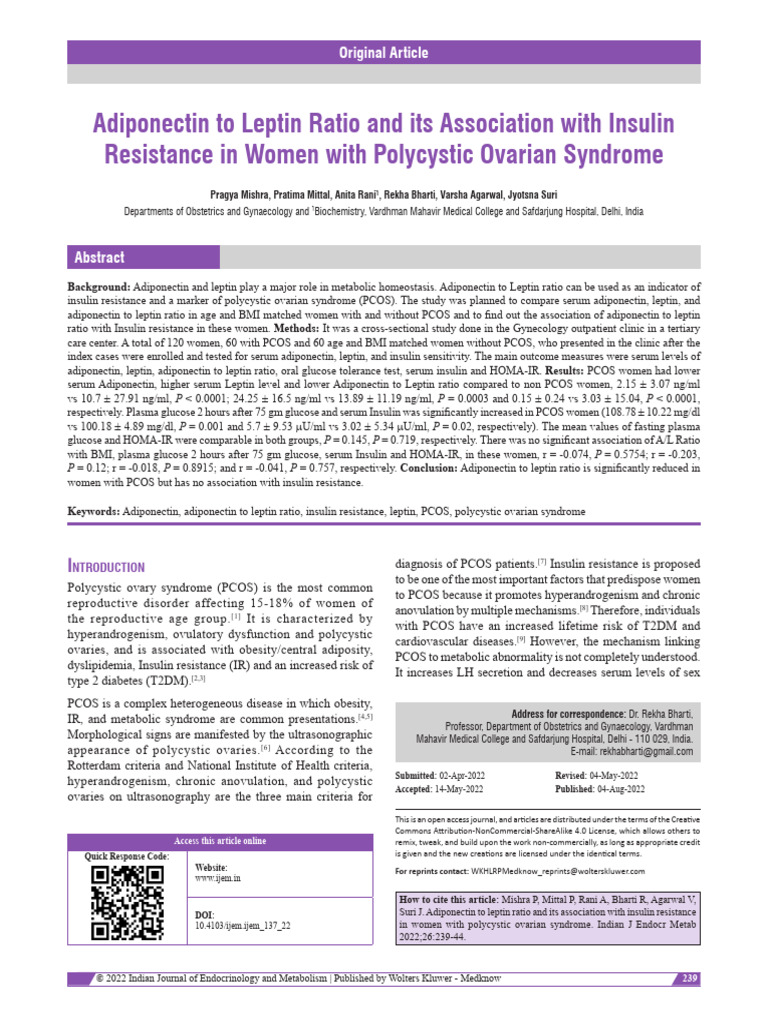 Adiponectin To Leptin Ratio and Its Association.8 | PDF | Polycystic ...