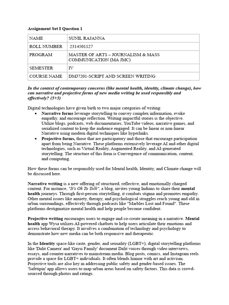 Assignment Set I and II - DMJ7201 Script & Screen Writing Sunil R ...