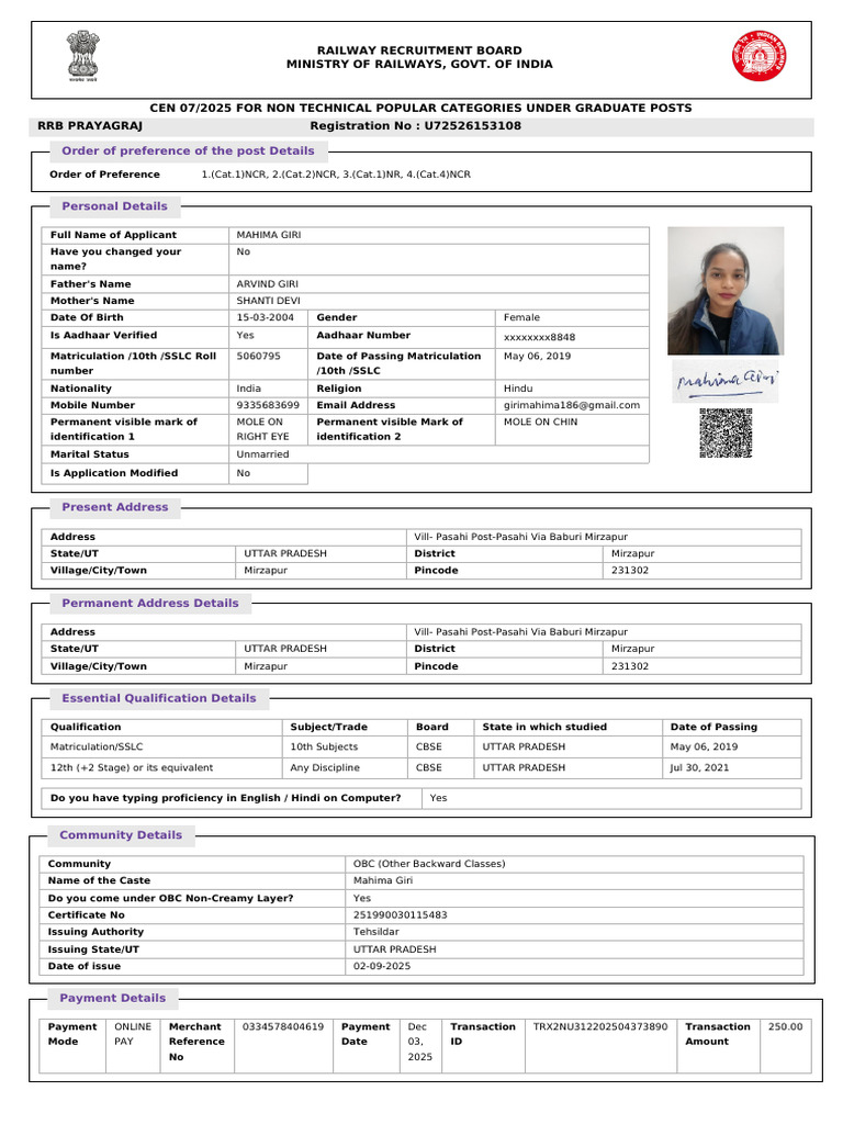 Order of Preference of The Post Details: Railway Recruitment Board ...