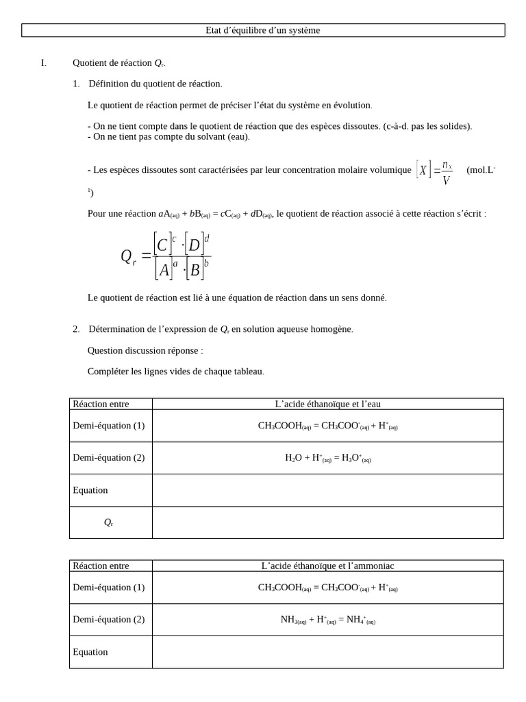 État d'équilibre et quotient de réaction | PDF | Équilibre chimique ...